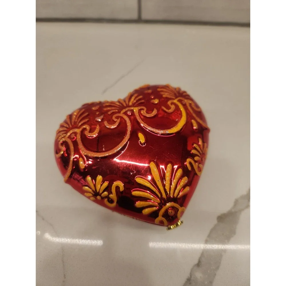 Vintage Christopher Radko Red Gold Glitter‎ Heart Hinged Trinket Box Jewelry Box